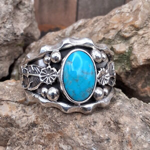Native American Men's Kingman Turquoise Ring Size 11 Signed RB Sterling Silver